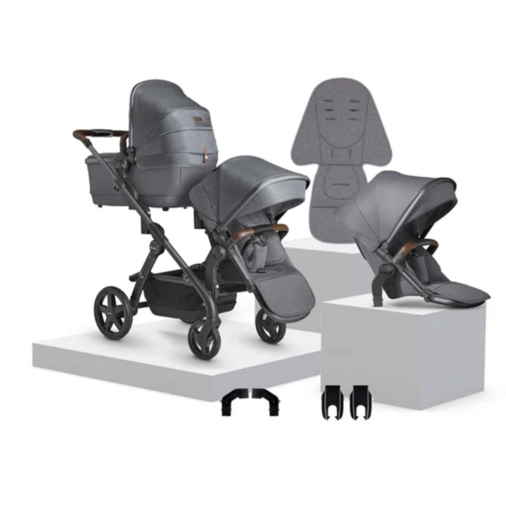 Gray baby stroller and car seats on a white background
