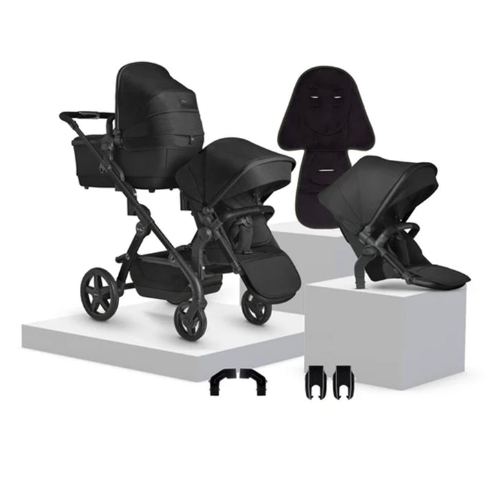 Black stroller and car seats on a white background