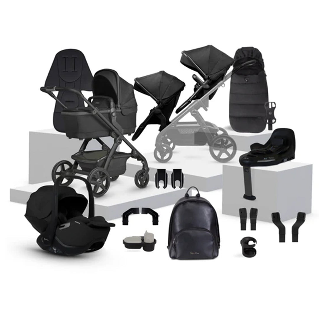 Collection of black baby stroller and car seat accessories on a white background
