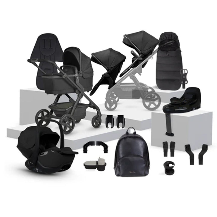 Collection of black baby stroller and car seat accessories on a white background
