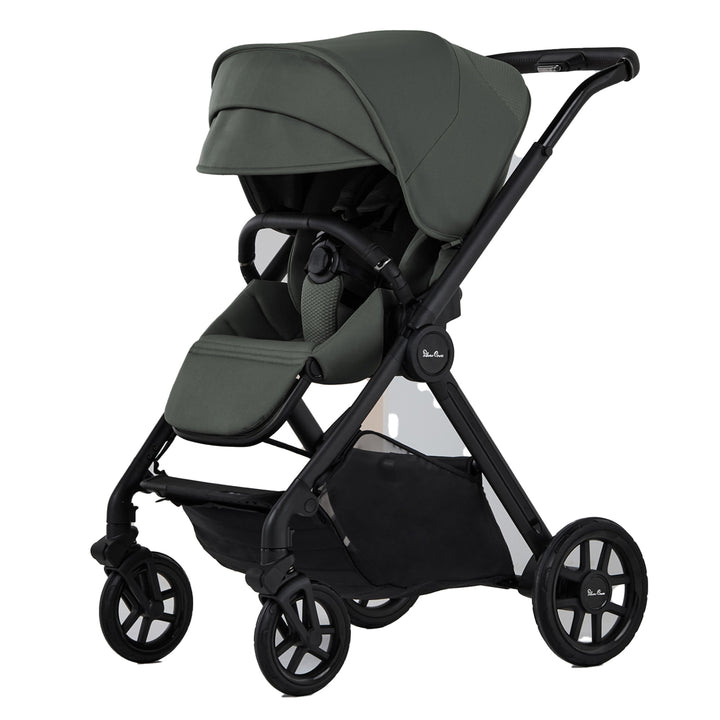 Black and gray stroller on a white background