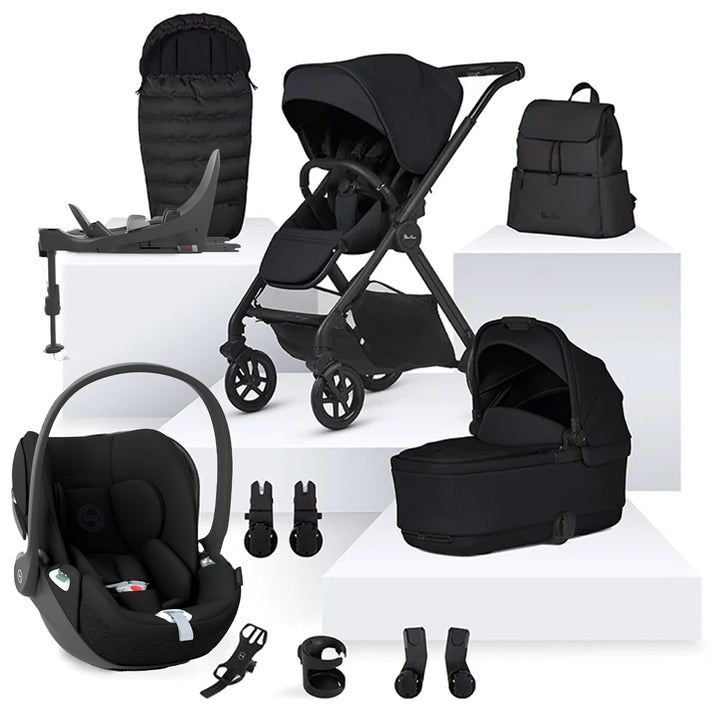 Black baby stroller and car seat set with accessories on a white background