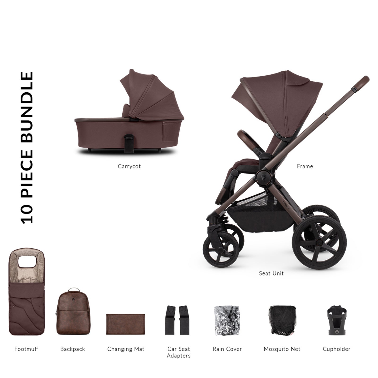10-piece baby stroller bundle with various accessories on a white background