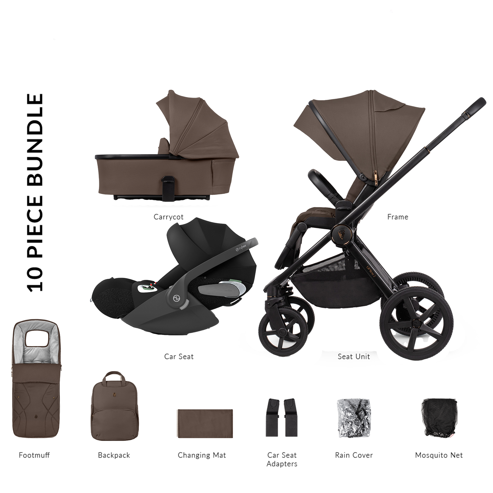 10-piece stroller bundle with various components on a white background