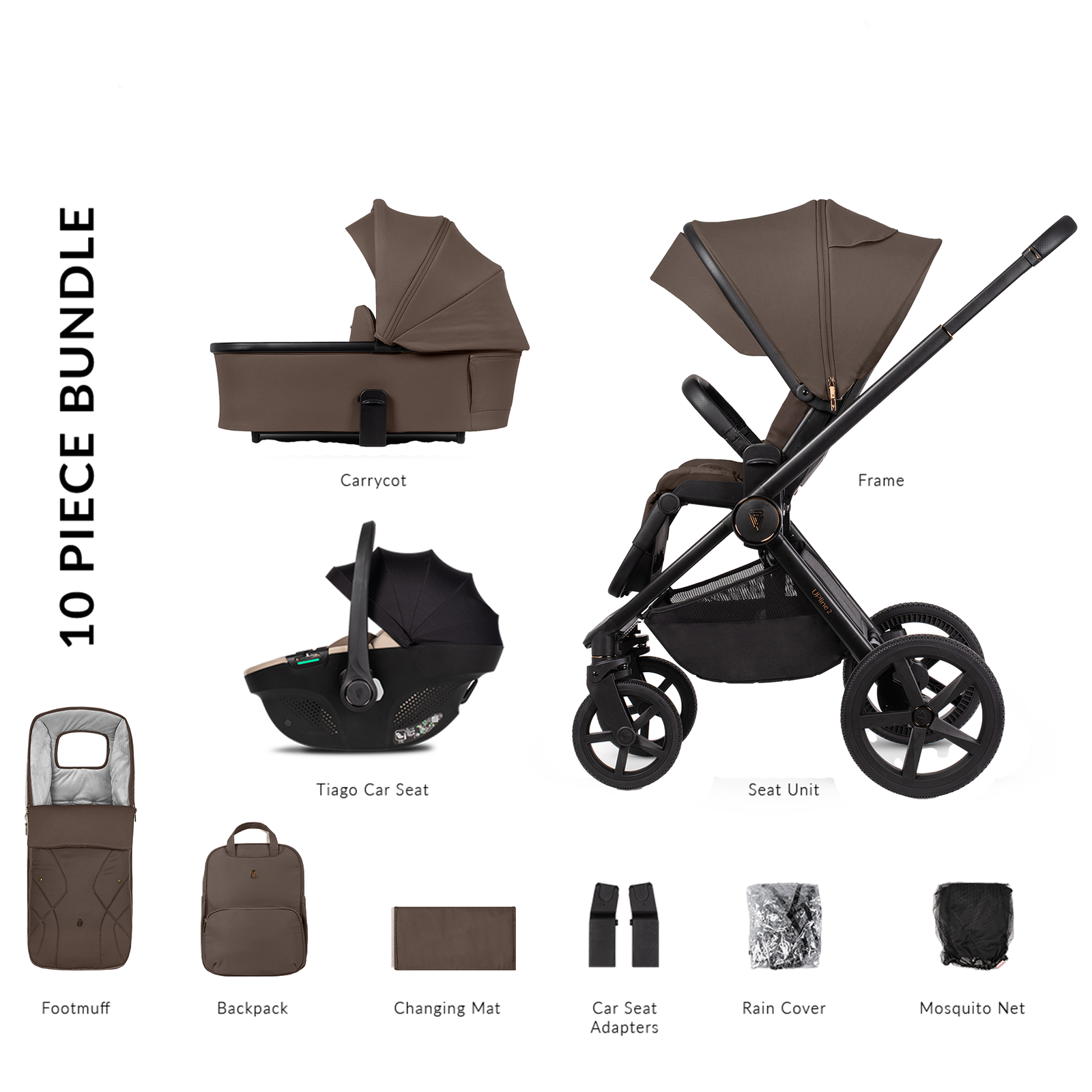 10-piece baby stroller bundle with various components on a white background