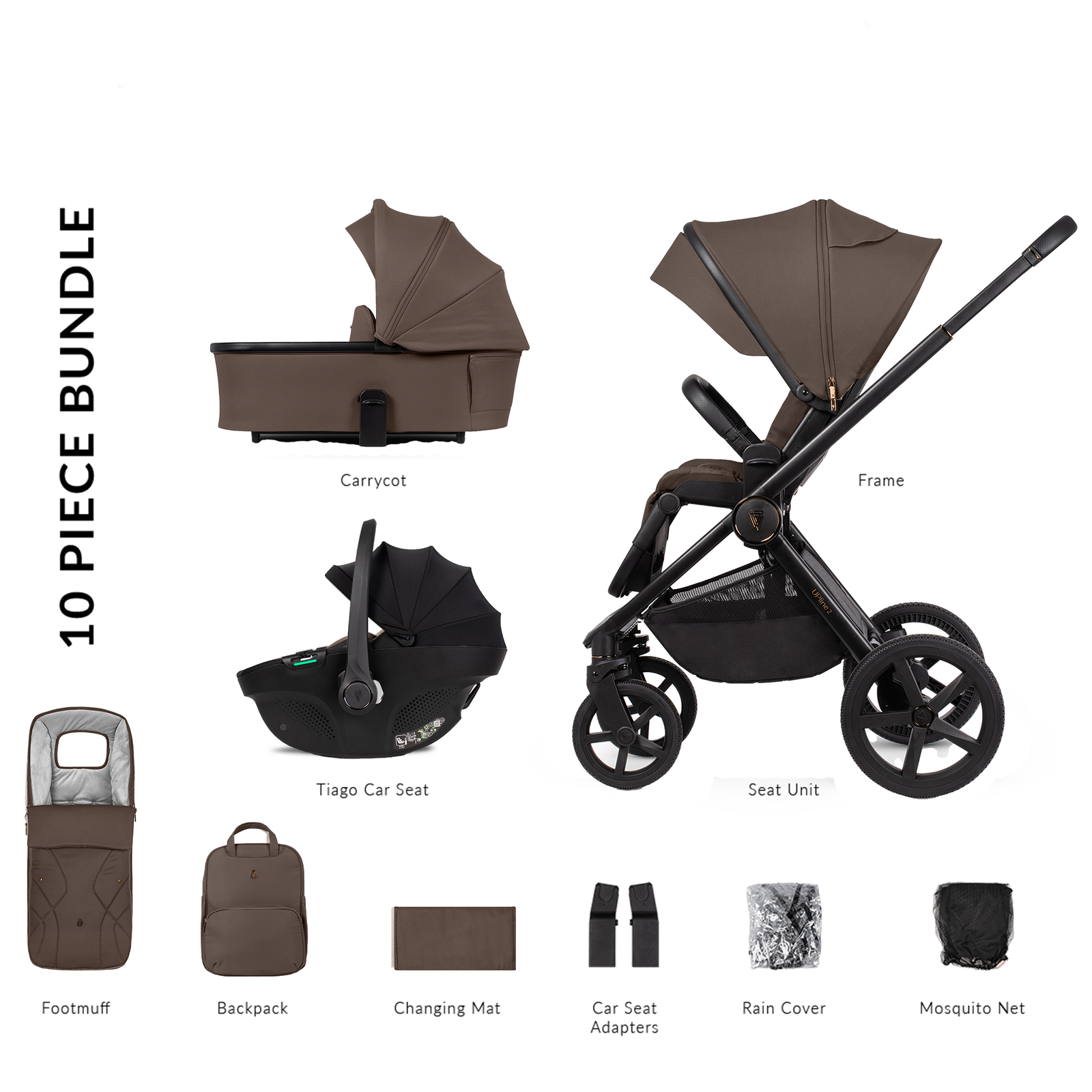 10-piece baby stroller bundle with various components on a white background
