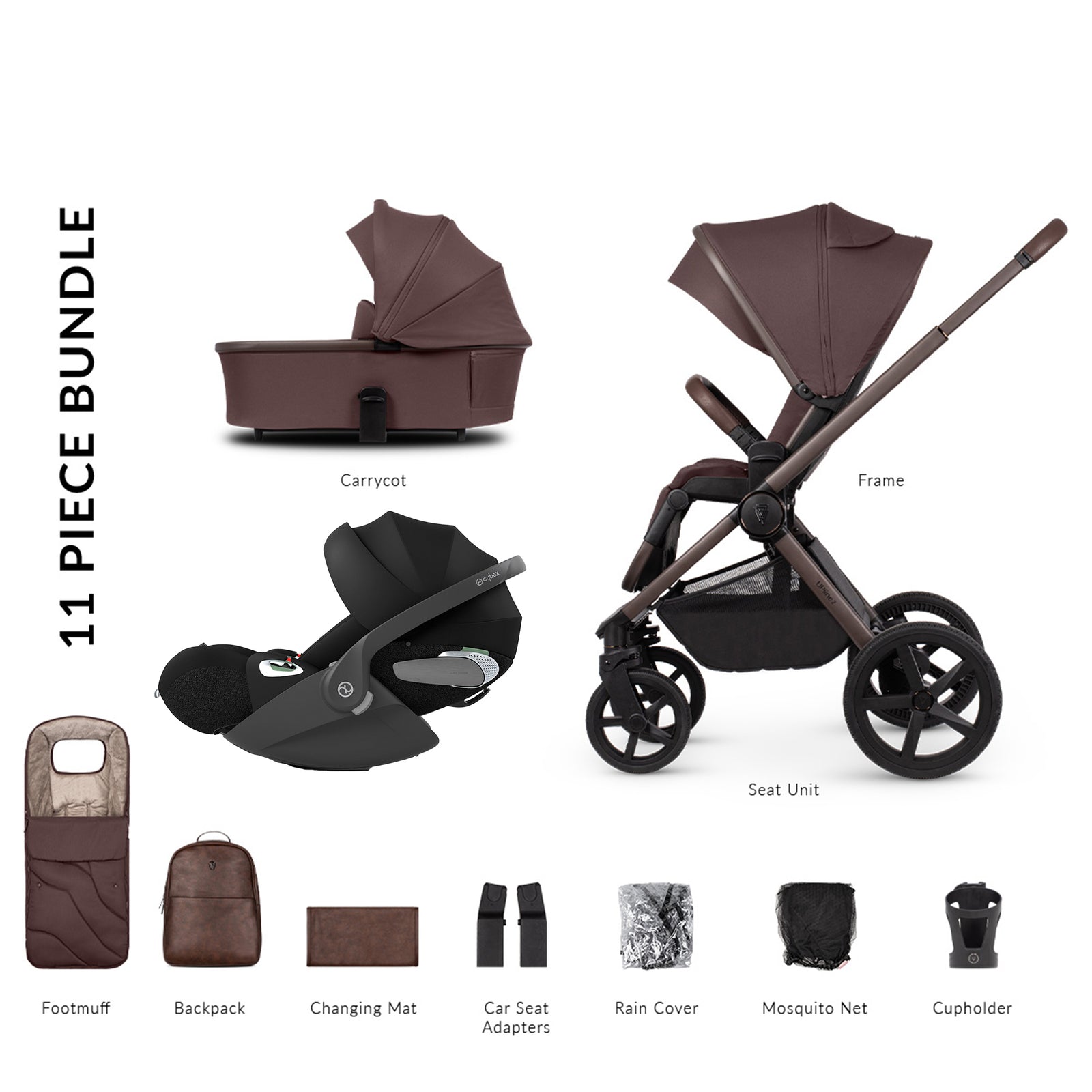 11-piece stroller bundle with various accessories on a white background
