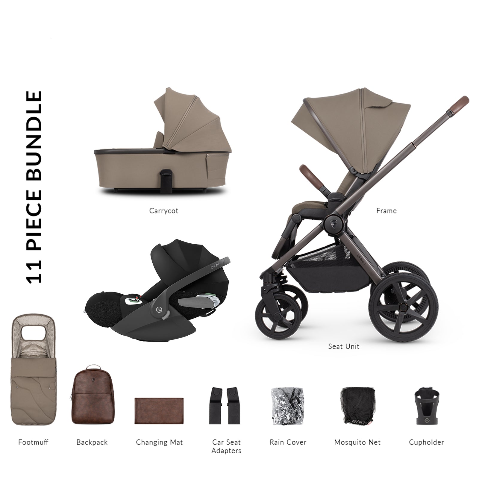 11-piece baby stroller bundle with various accessories on a white background