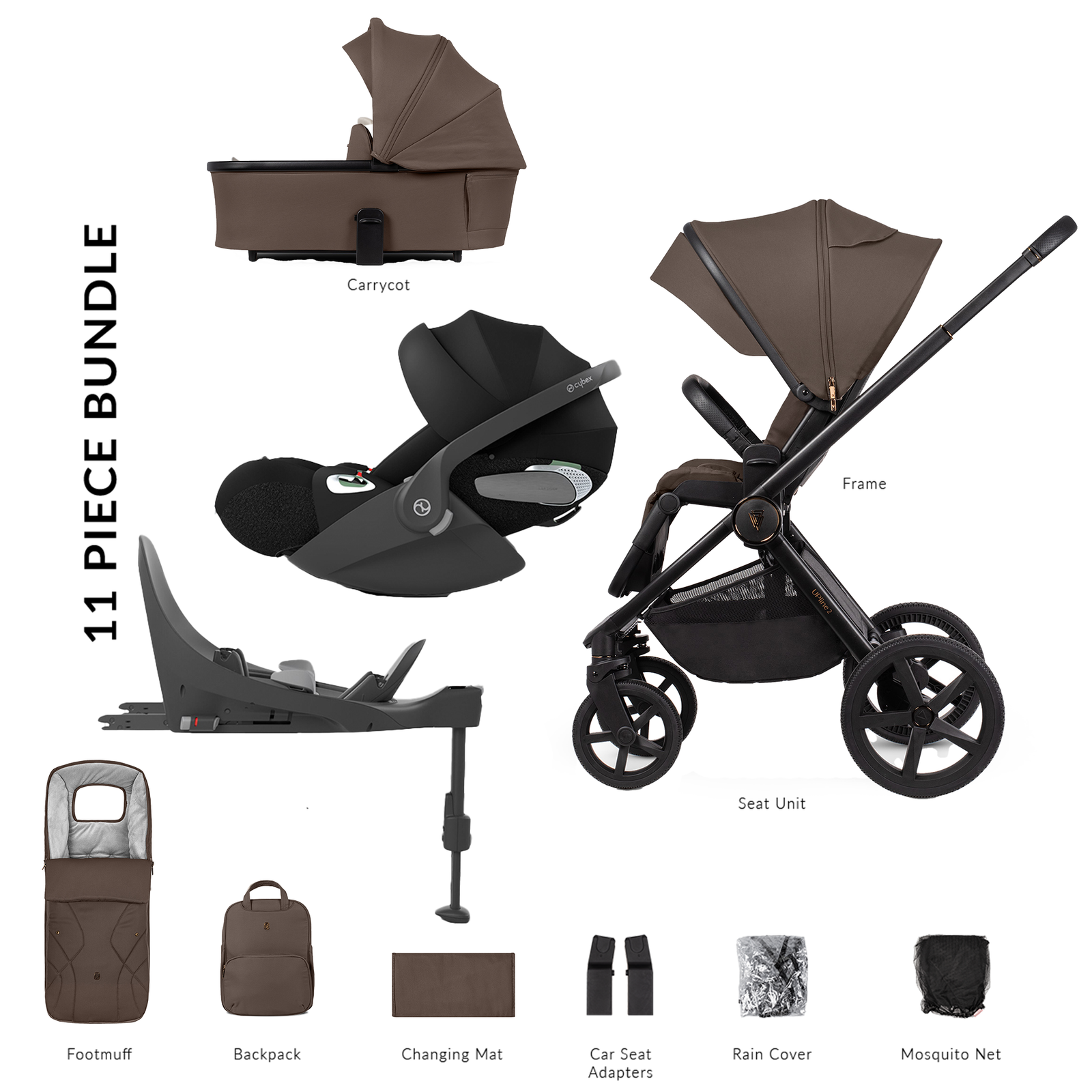 11-piece stroller bundle with various components on a white background