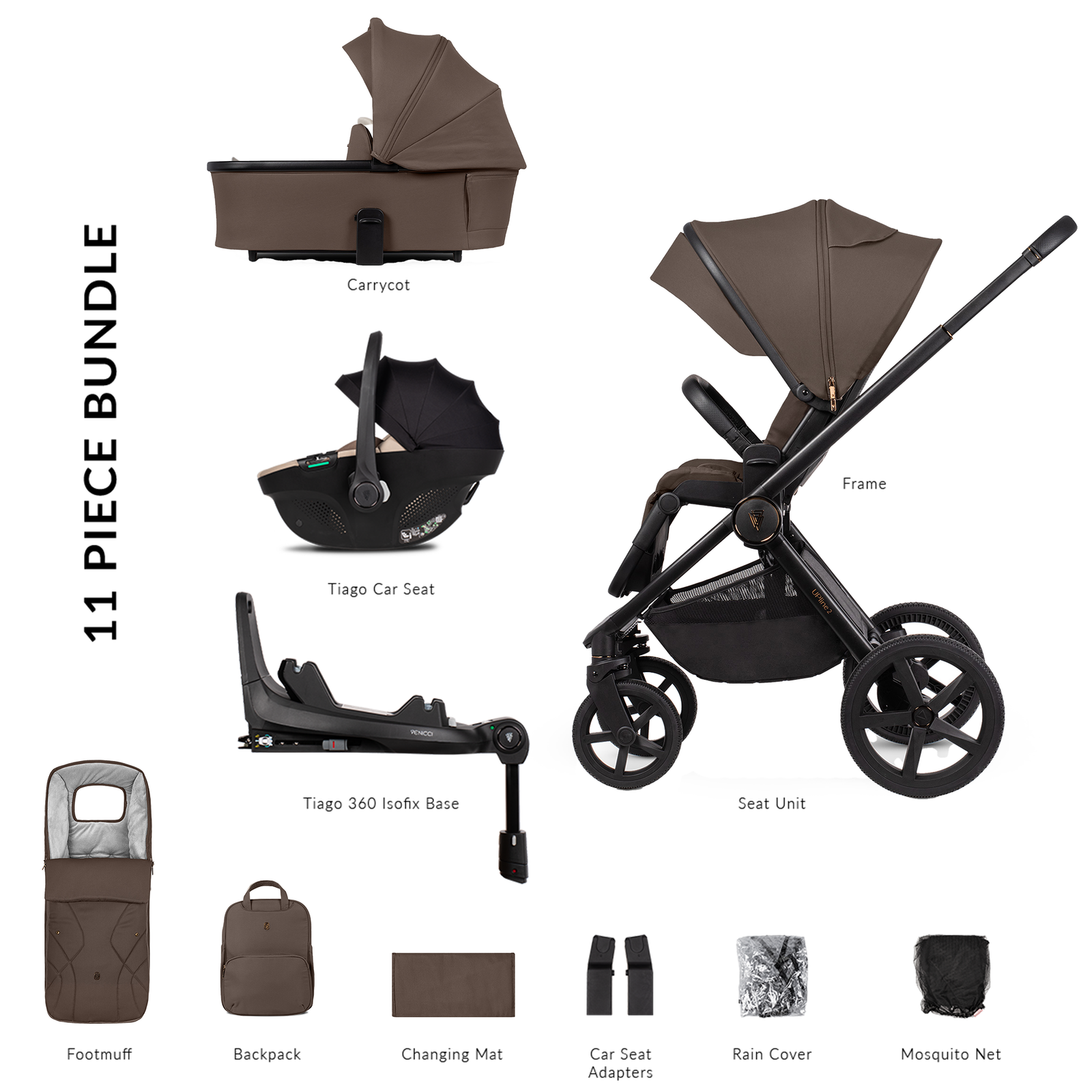 11-piece stroller bundle with various components on a white background