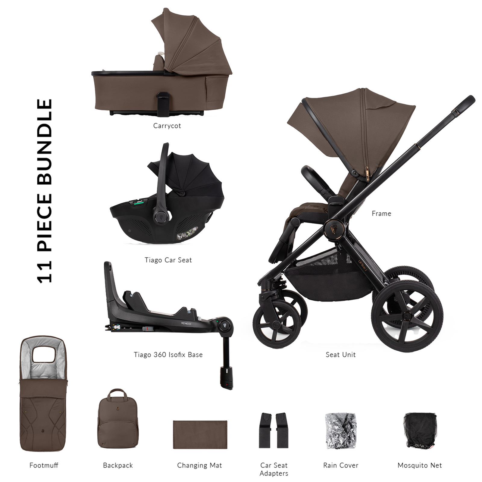 11-piece stroller bundle with various components on a white background