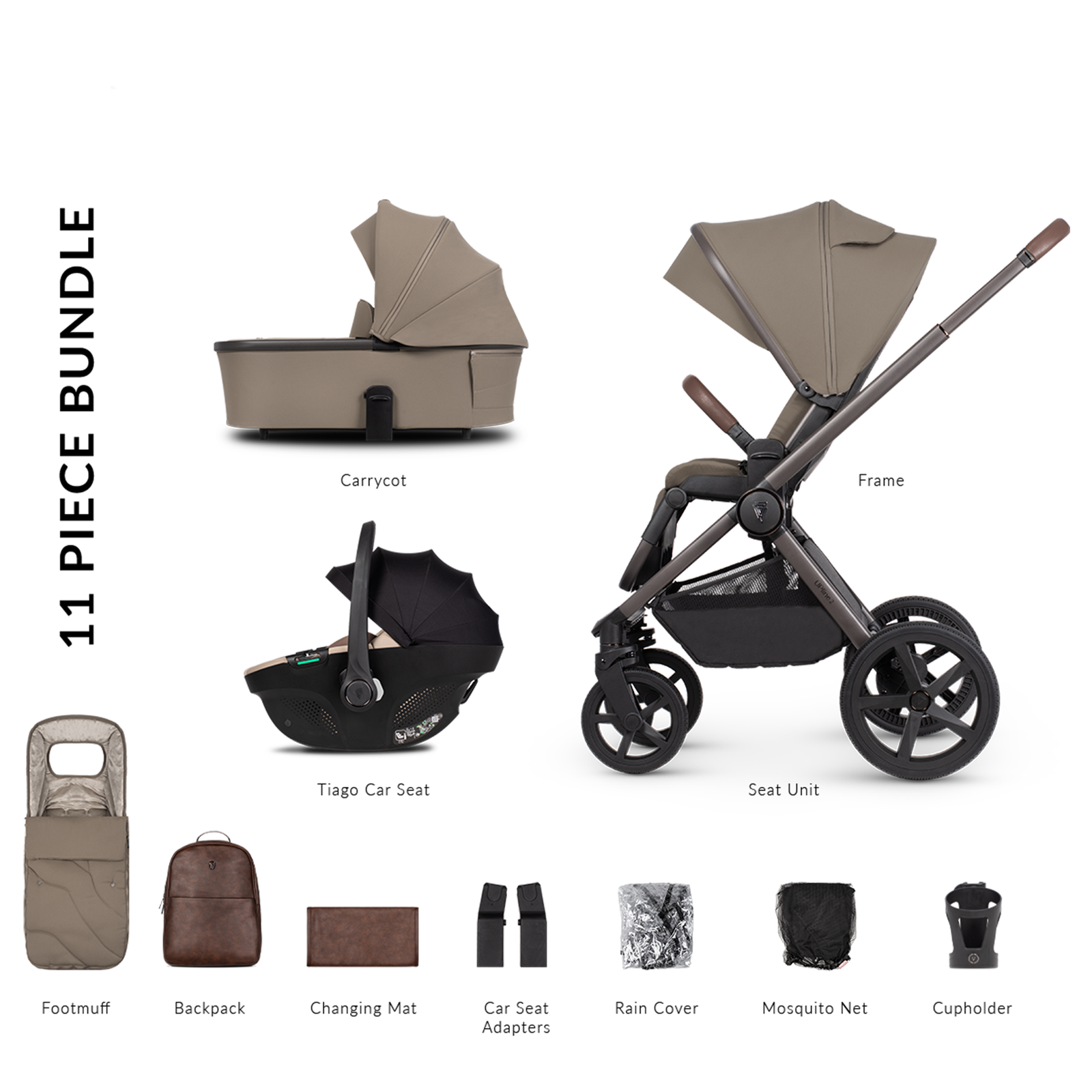 11-piece baby stroller bundle with various accessories on a white background
