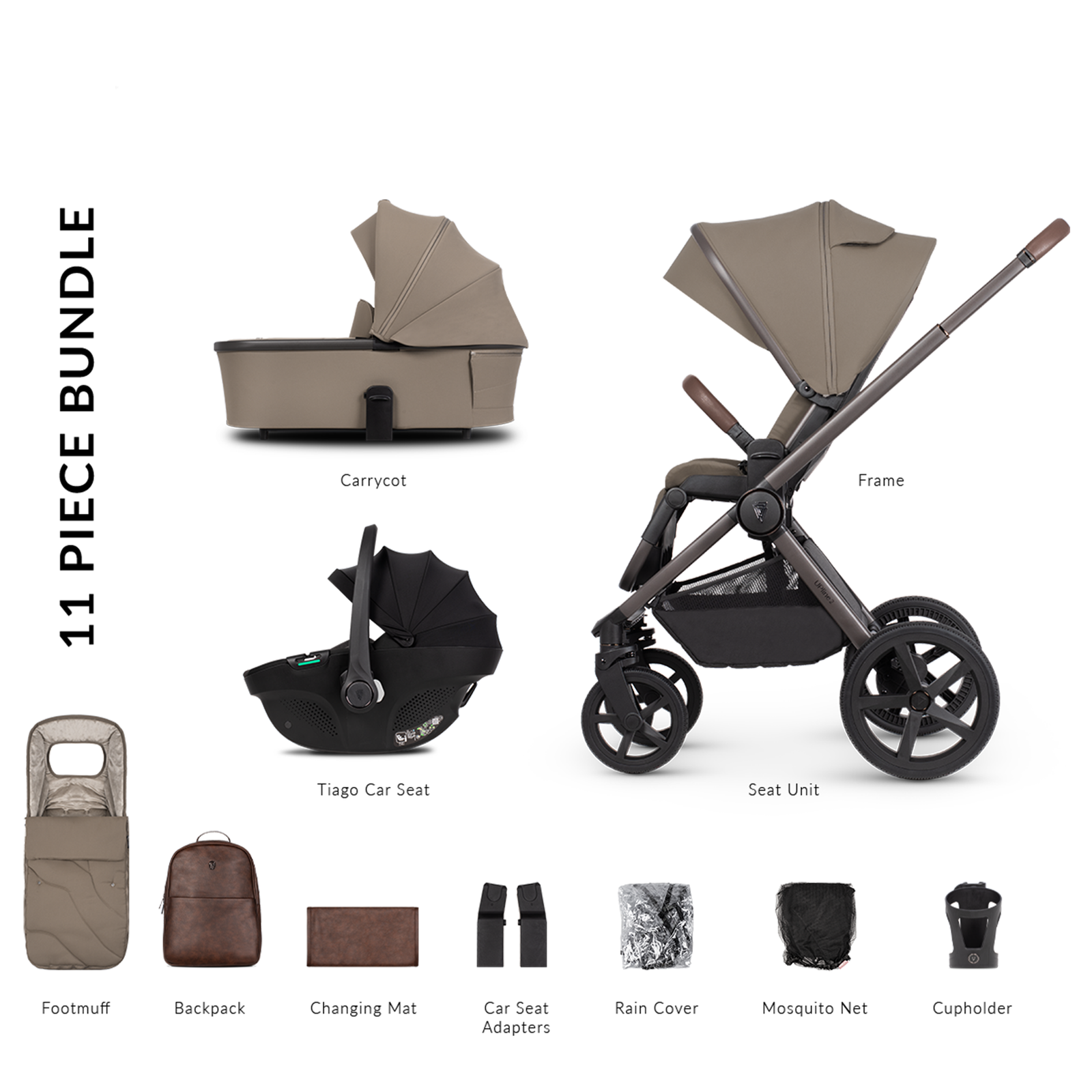 11-piece baby stroller bundle with various accessories on a white background
