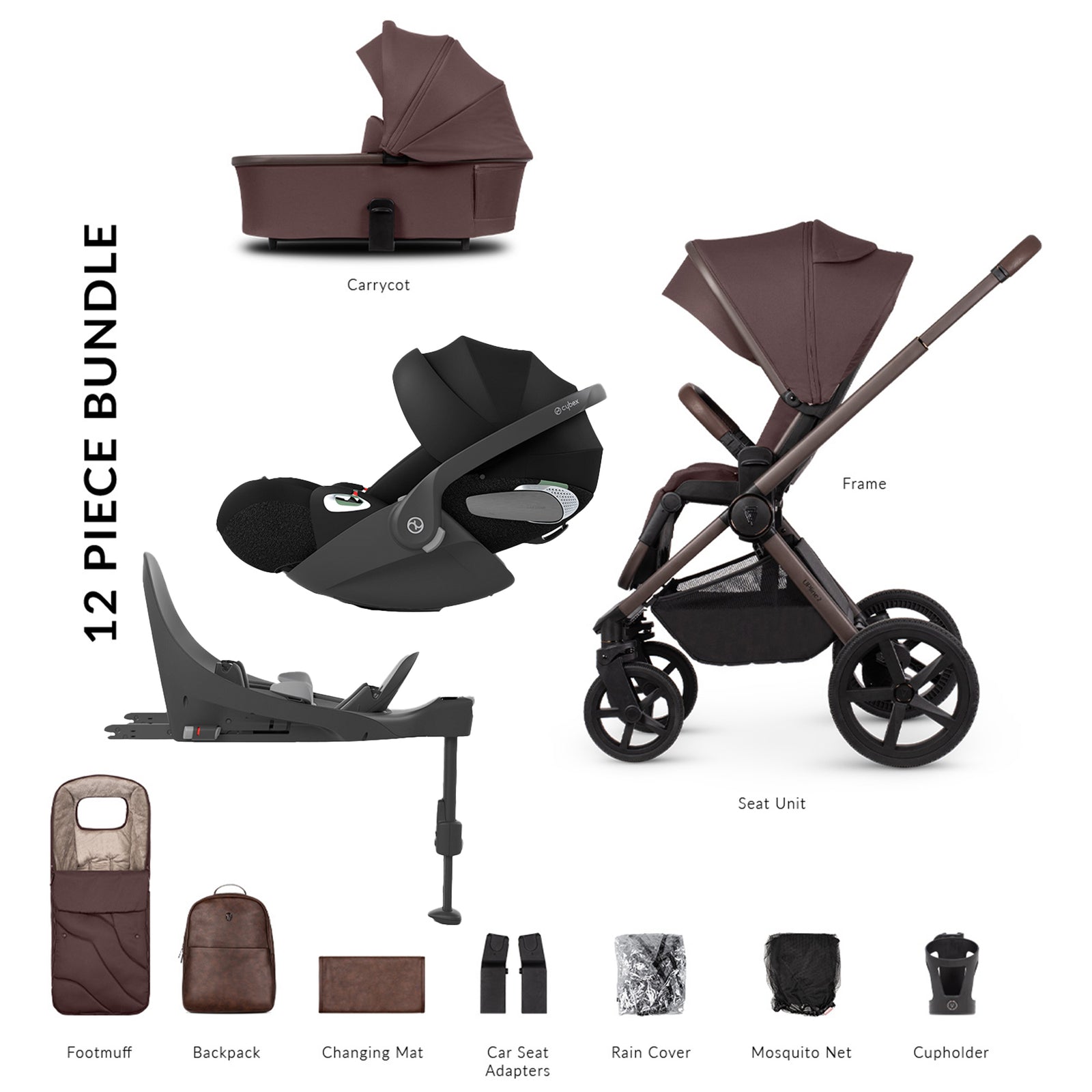 12-piece baby product bundle including stroller, car seat, and accessories on a white background