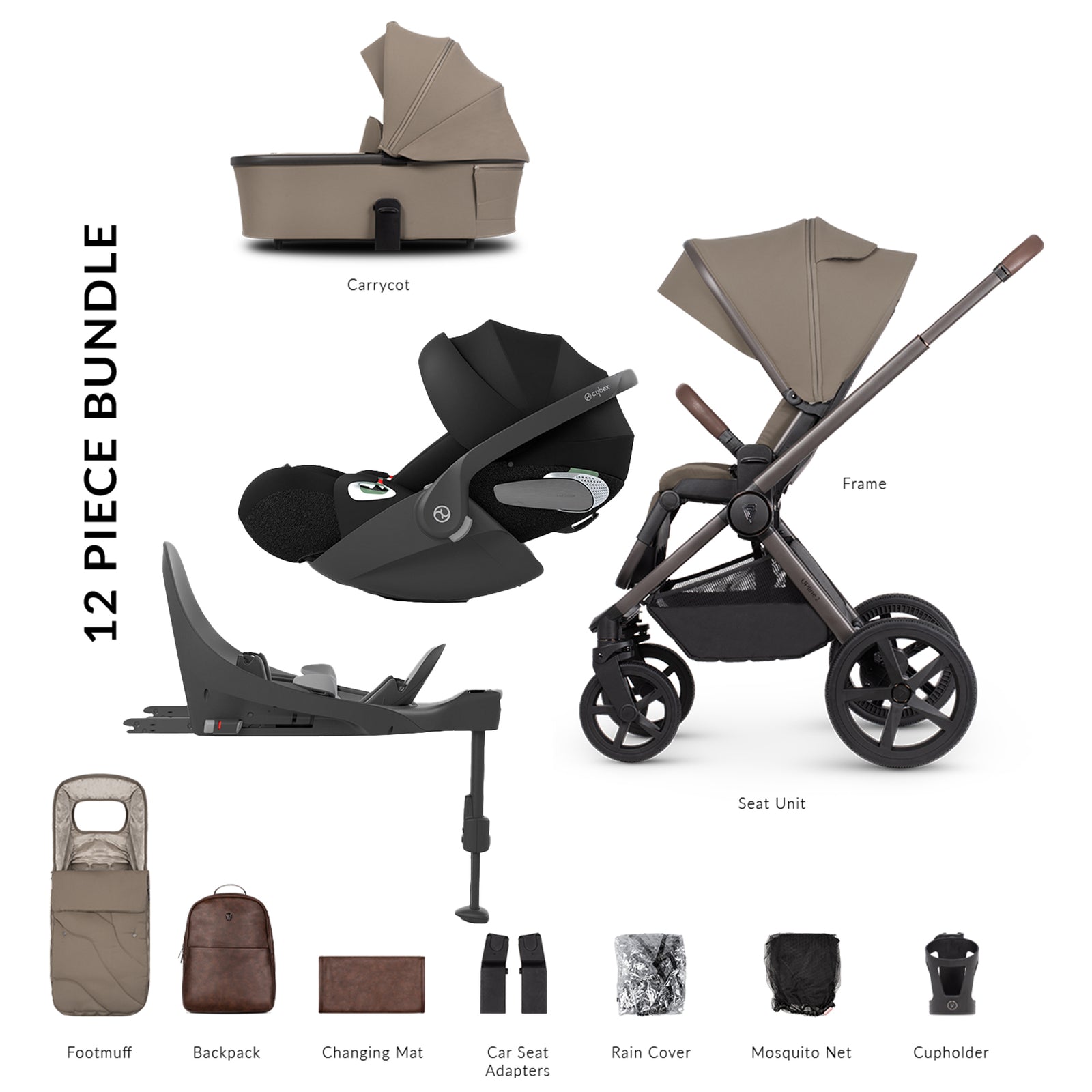 12-piece stroller bundle with various components on a white background