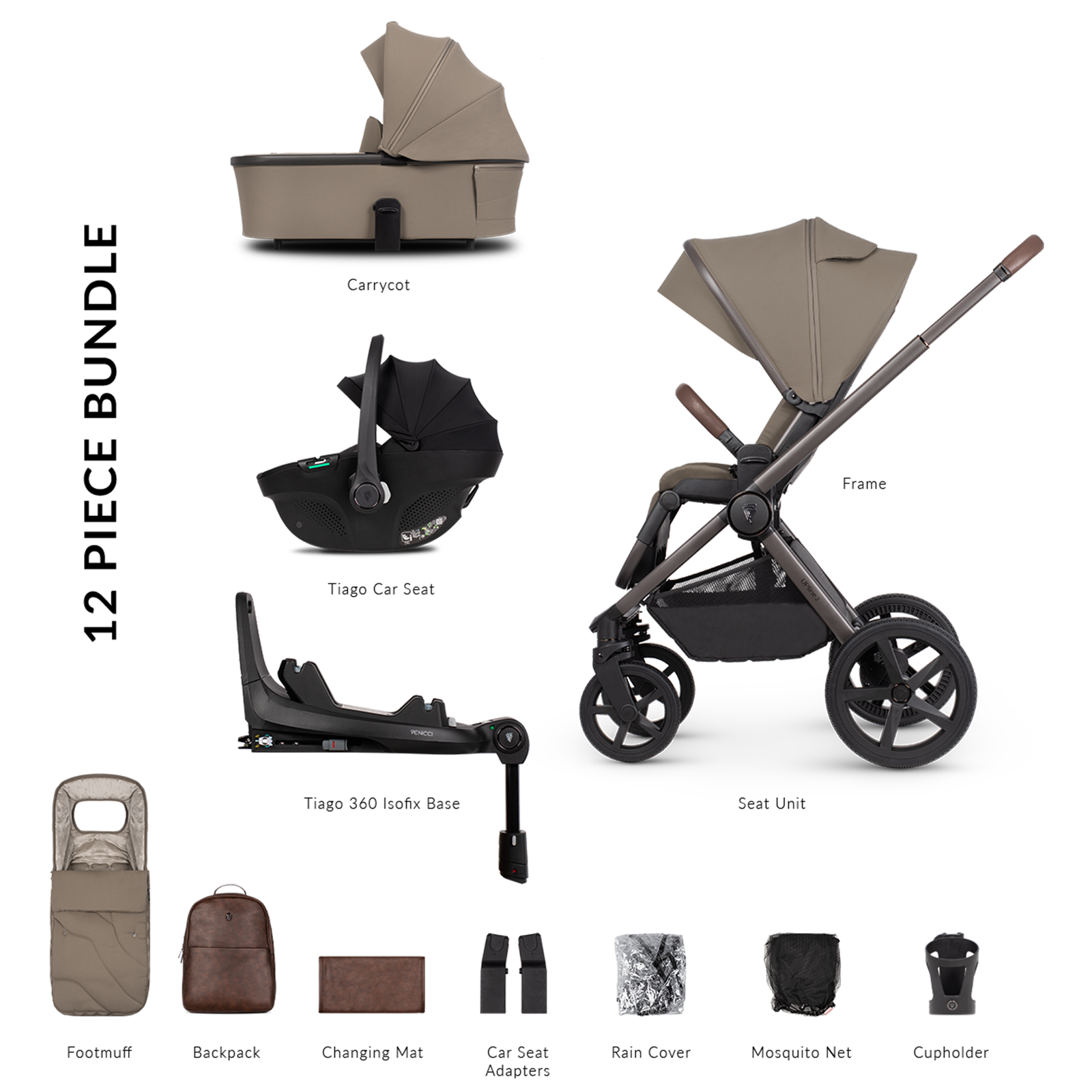12-piece stroller bundle with various components on a white background
