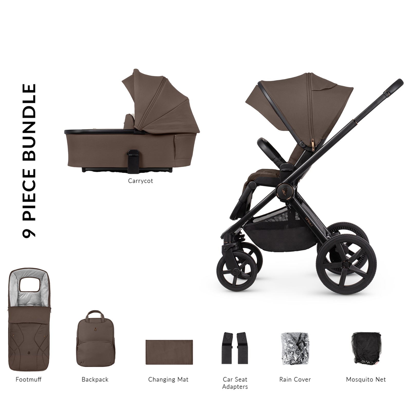 9-piece baby stroller bundle with car seat, backpack, and accessories on a white background
