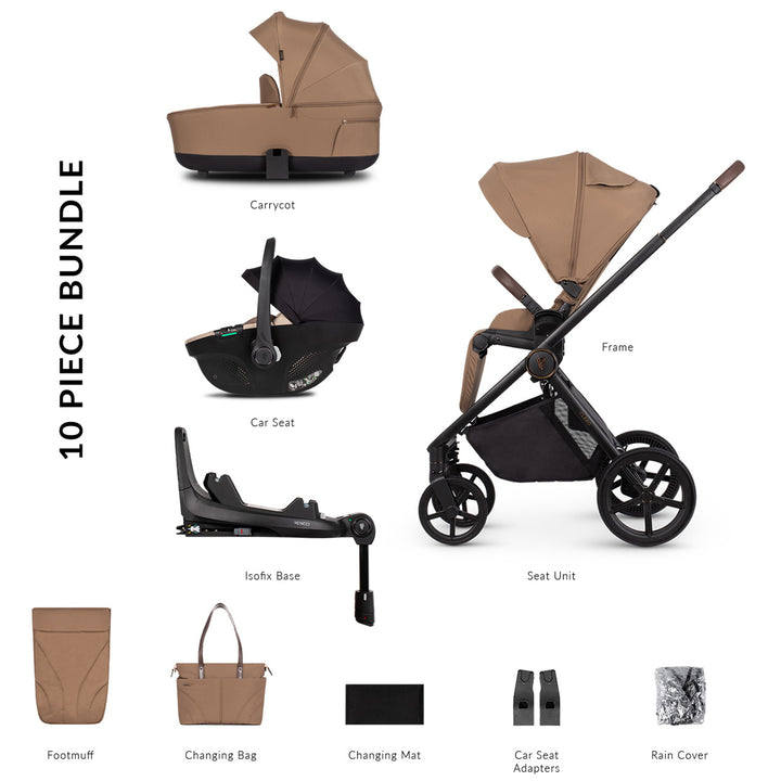 10-piece stroller bundle with various components on a white background