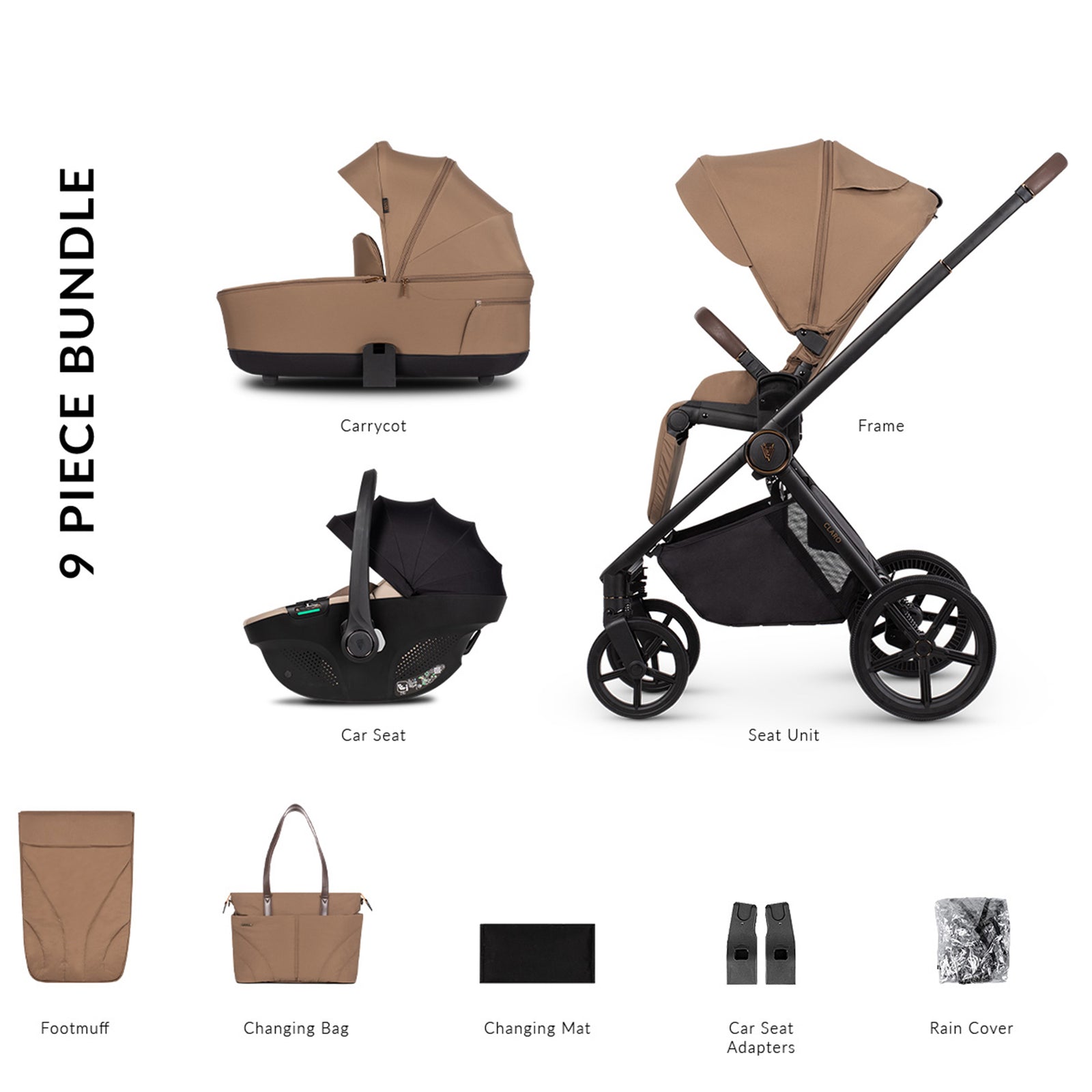 9-piece baby product bundle including a stroller, car seat, and accessories on a white background.