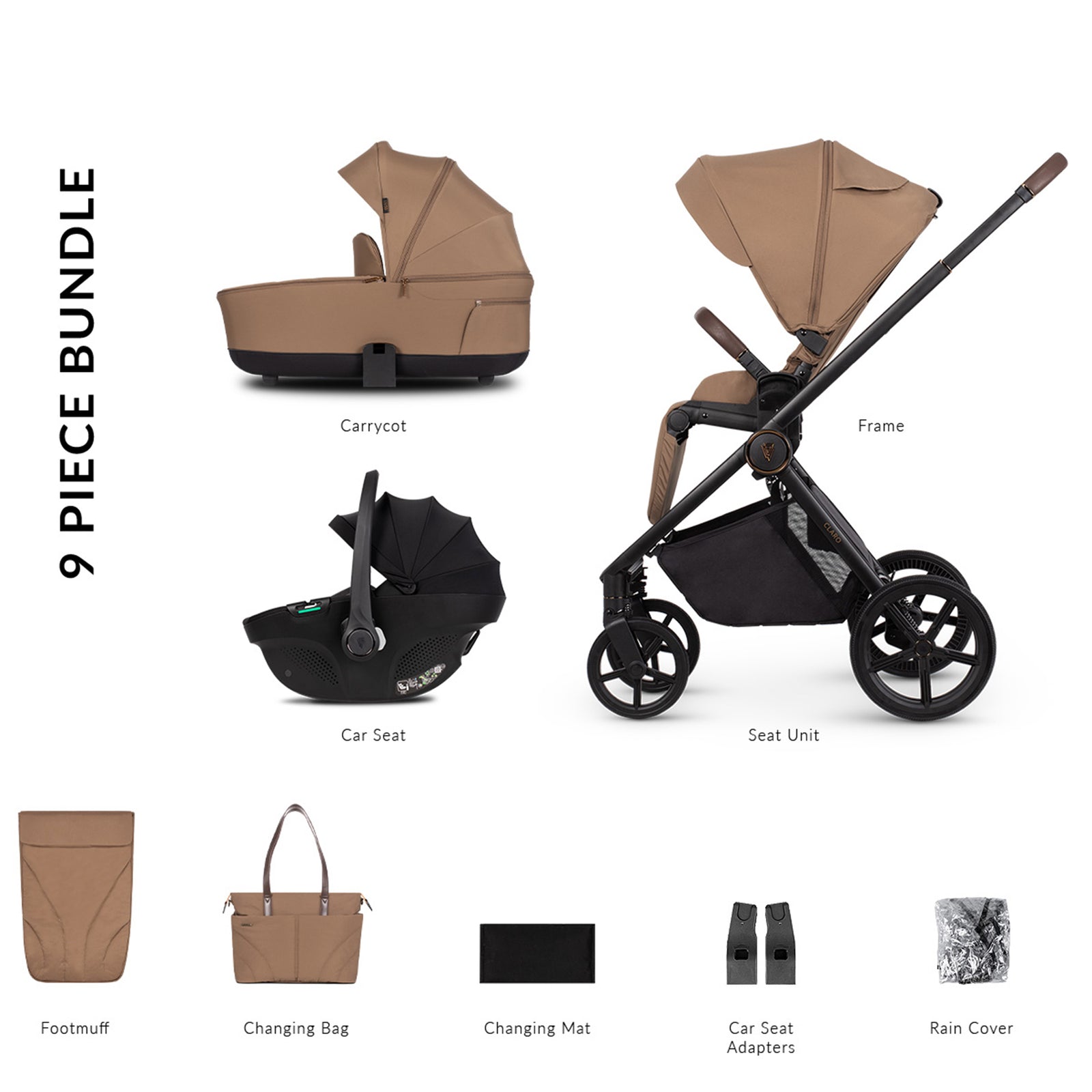9-piece baby stroller bundle with carrycot, frame, car seat, footmuff, changing bag, changing mat, car seat adapters, and rain cover.