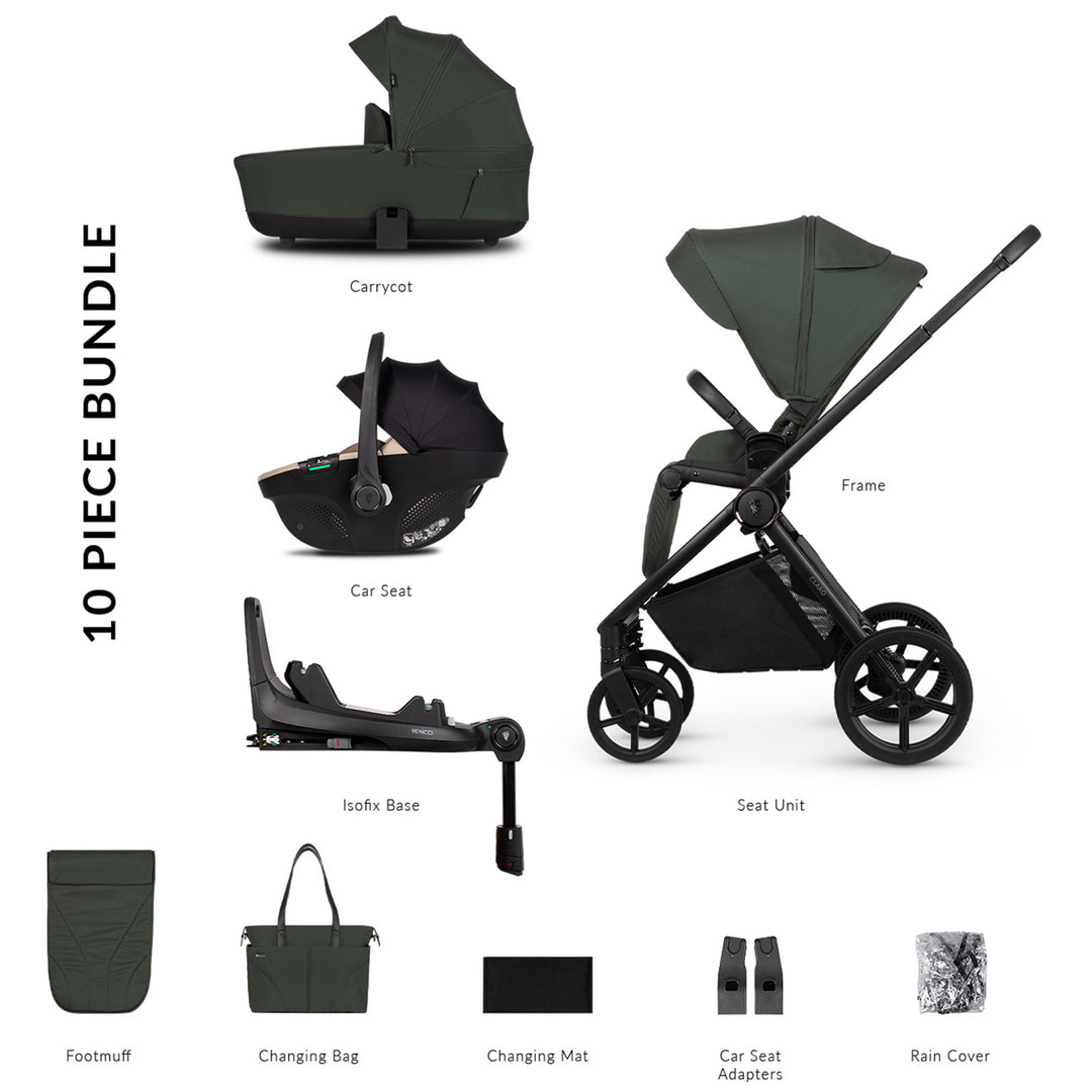 10-piece stroller bundle with various components on a white background