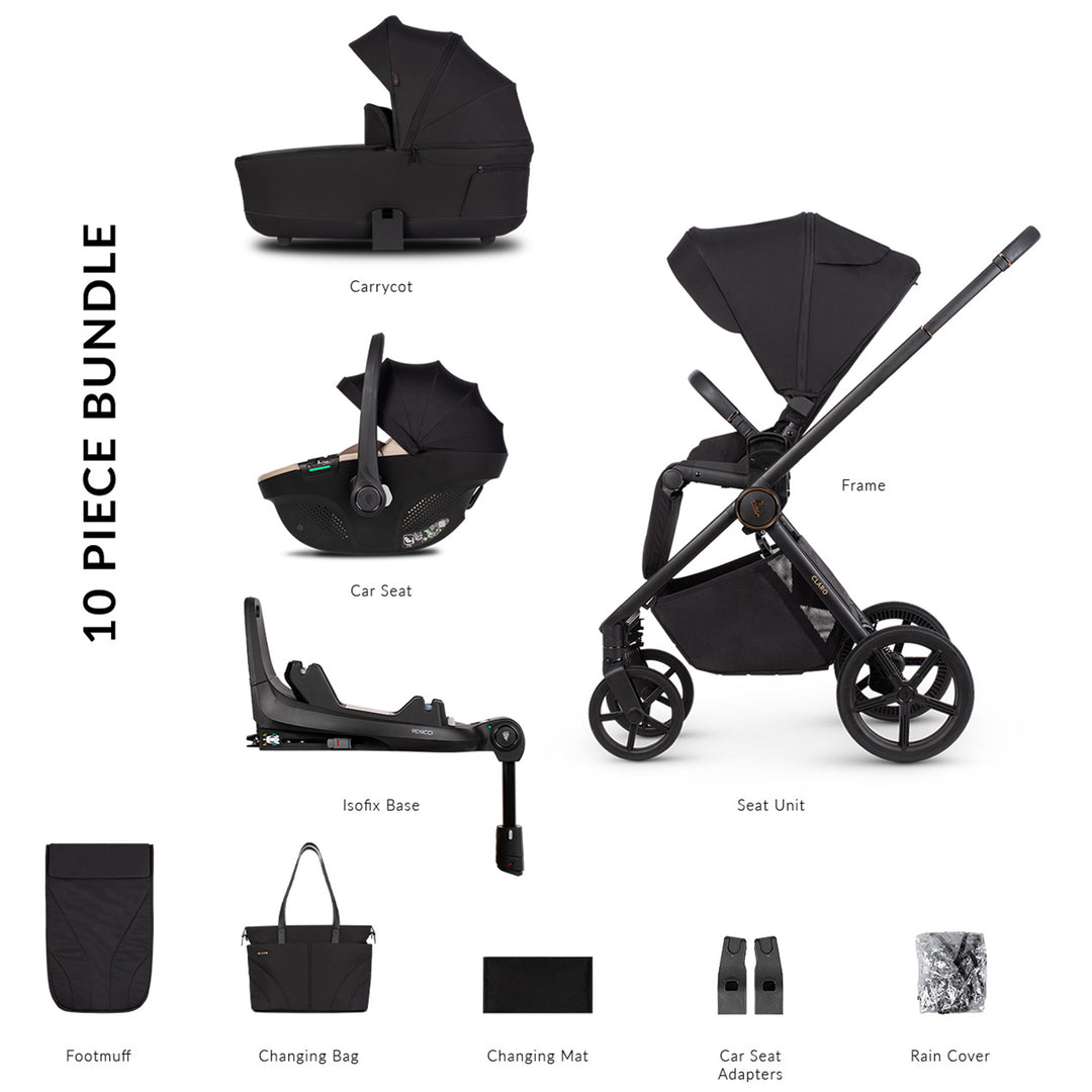 10-piece black baby stroller bundle with various components on a white background
