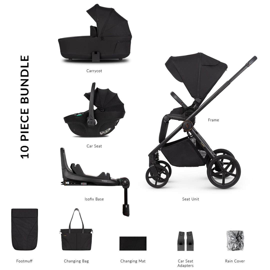 10-piece black baby stroller bundle with various components on a white background