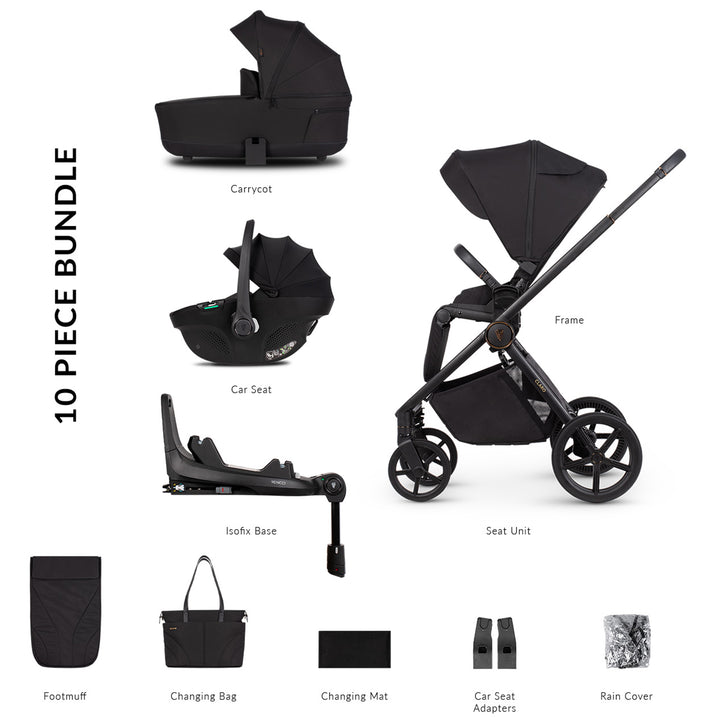 10-piece black baby stroller bundle with various components on a white background