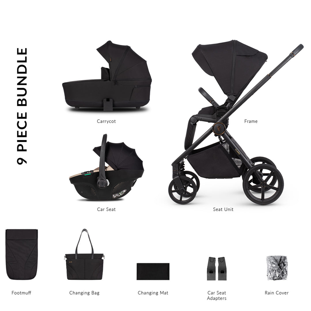 9-piece black baby stroller bundle with components labeled