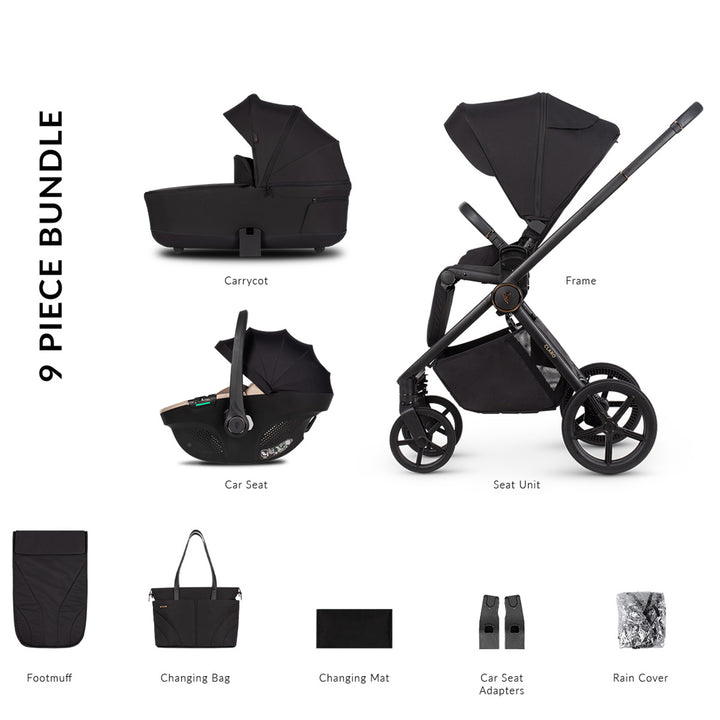 9-piece black baby stroller bundle with components labeled
