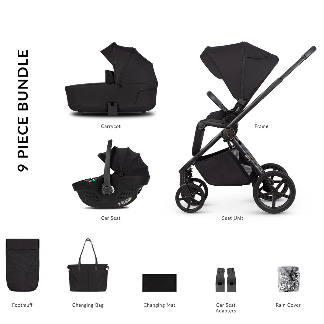 9-piece black baby stroller bundle with components labeled on a white background
