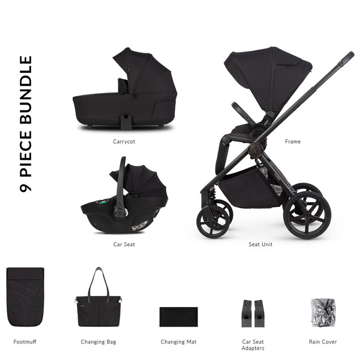 9-piece black baby stroller bundle with components labeled on a white background