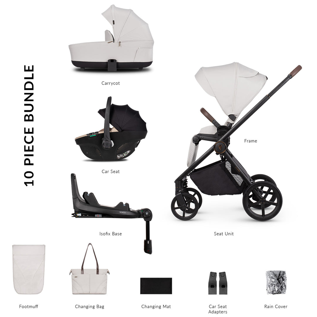 10-piece baby product bundle including a stroller, car seat, and accessories on a white background.