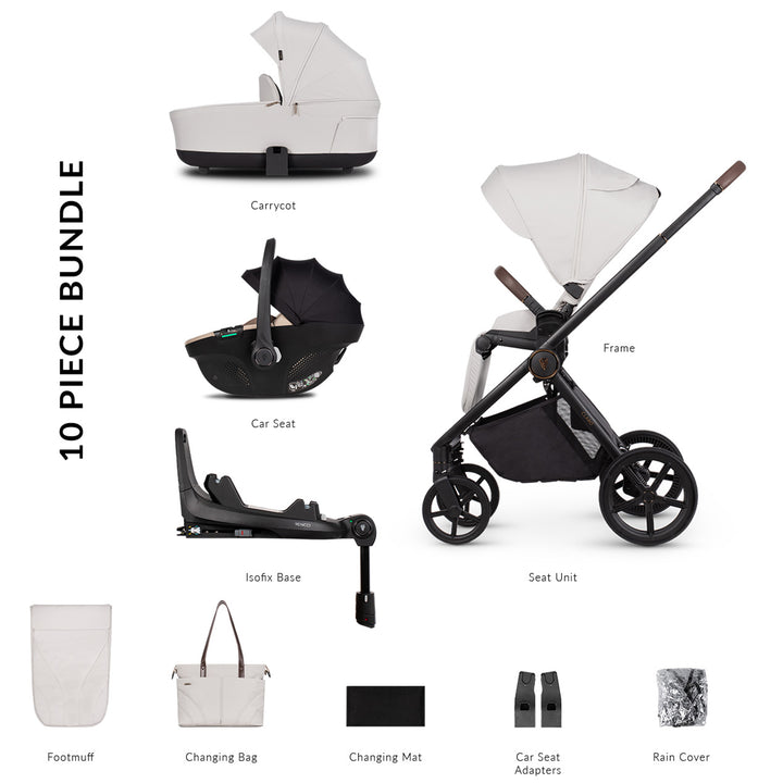 10-piece baby product bundle including a stroller, car seat, and accessories on a white background.