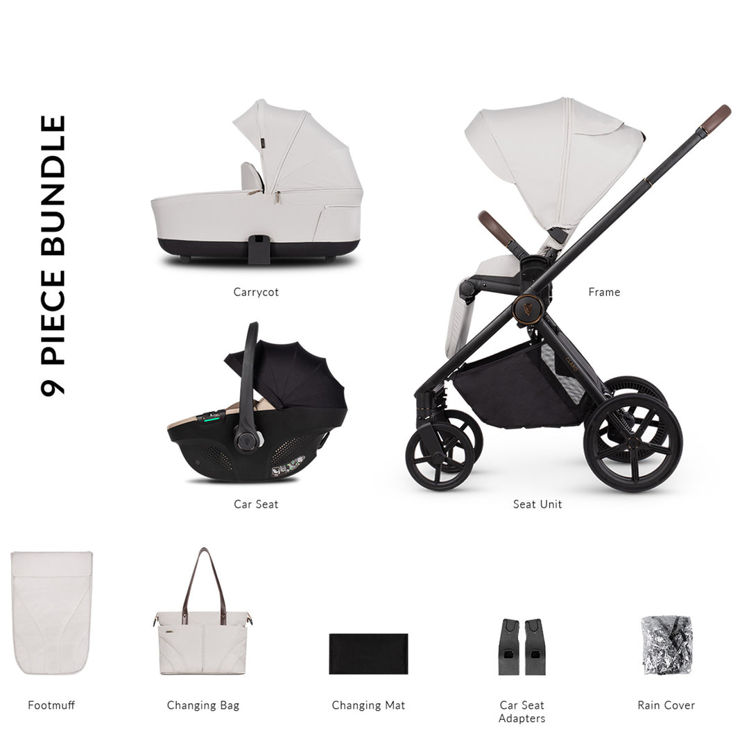 9-piece baby product bundle including a carrycot, car seat, frame, seat unit, footmuff, changing bag, changing mat, car seat adapters, and rain cover.