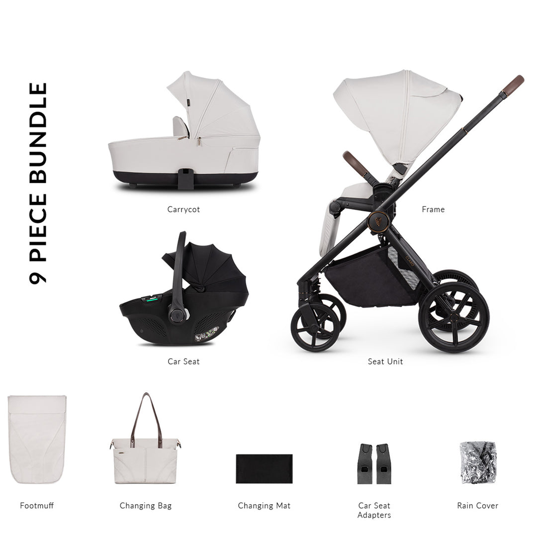 9-piece baby stroller bundle with carrycot, frame, seat unit, footmuff, changing bag, changing mat, car seat adapters, and rain cover on a white background.