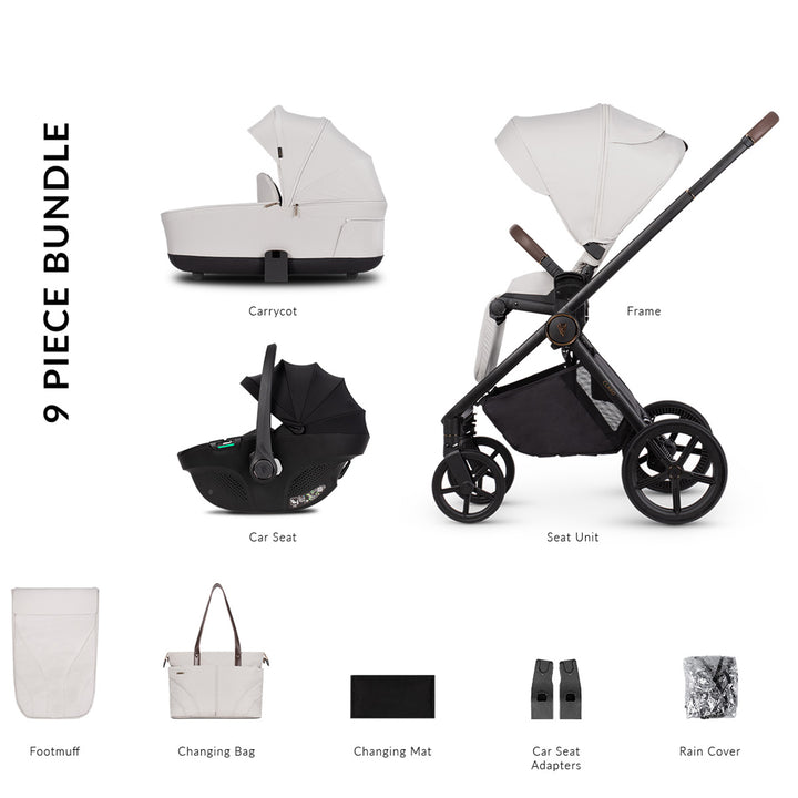 9-piece baby stroller bundle with carrycot, frame, seat unit, footmuff, changing bag, changing mat, car seat adapters, and rain cover on a white background.