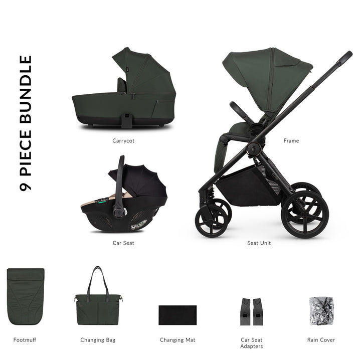 9-piece baby product bundle including a stroller, car seat, and accessories.