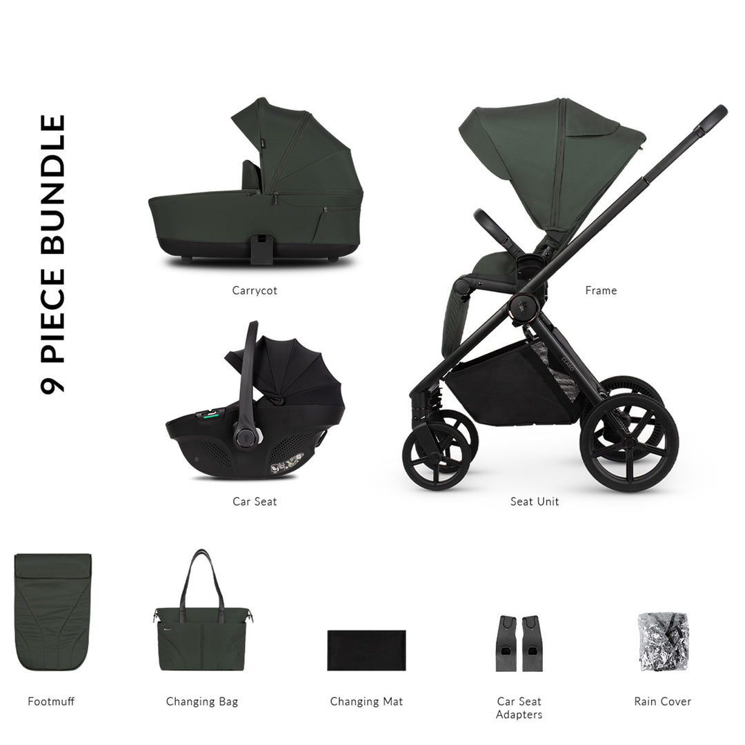 9-piece stroller bundle with carrycot, frame, seat unit, footmuff, changing bag, changing mat, car seat adapters, and rain cover.