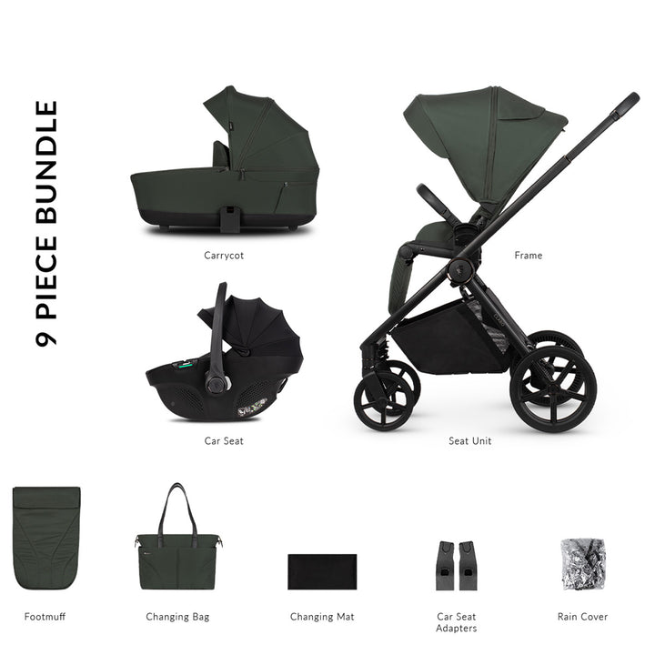 9-piece stroller bundle with carrycot, frame, seat unit, footmuff, changing bag, changing mat, car seat adapters, and rain cover.