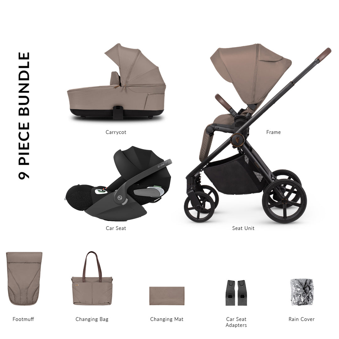 9-piece stroller bundle with carrycot, car seat, frame, seat unit, footmuff, changing bag, changing mat, car seat adapters, and rain cover on a white background.