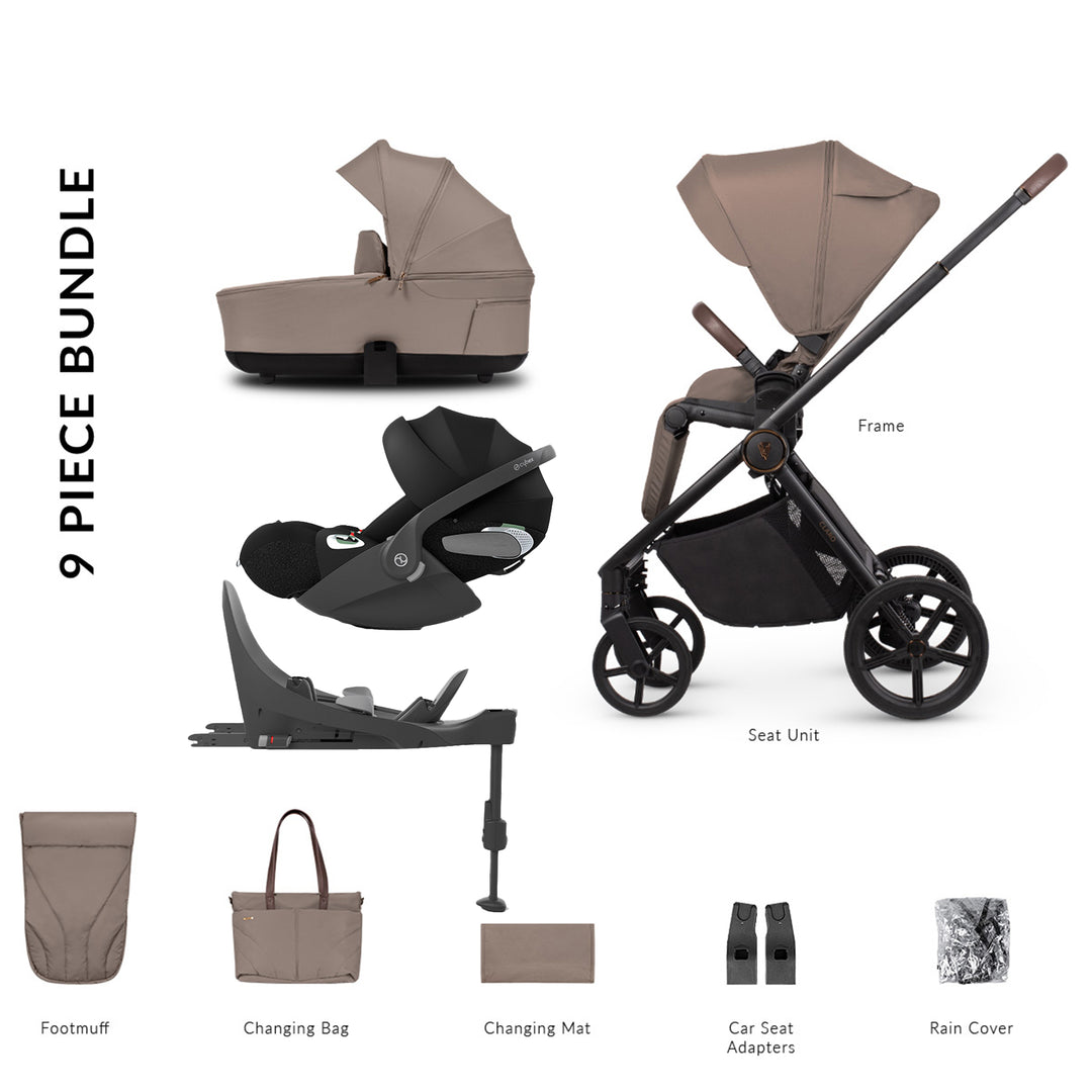 9-piece stroller bundle with various components on a white background