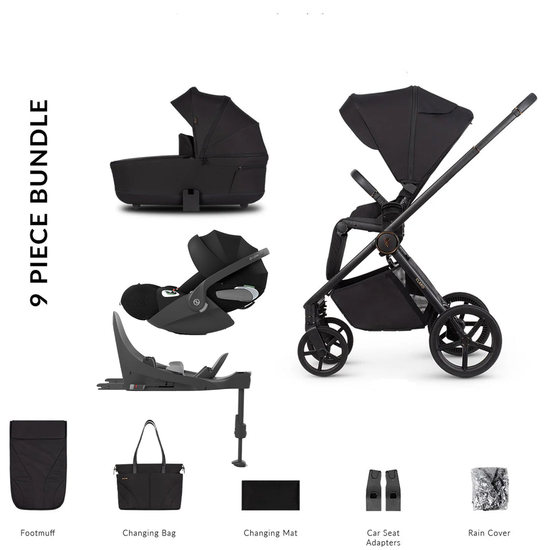 9-piece black baby stroller bundle with various accessories on a white background