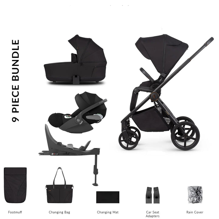 9-piece black baby stroller bundle with various accessories on a white background