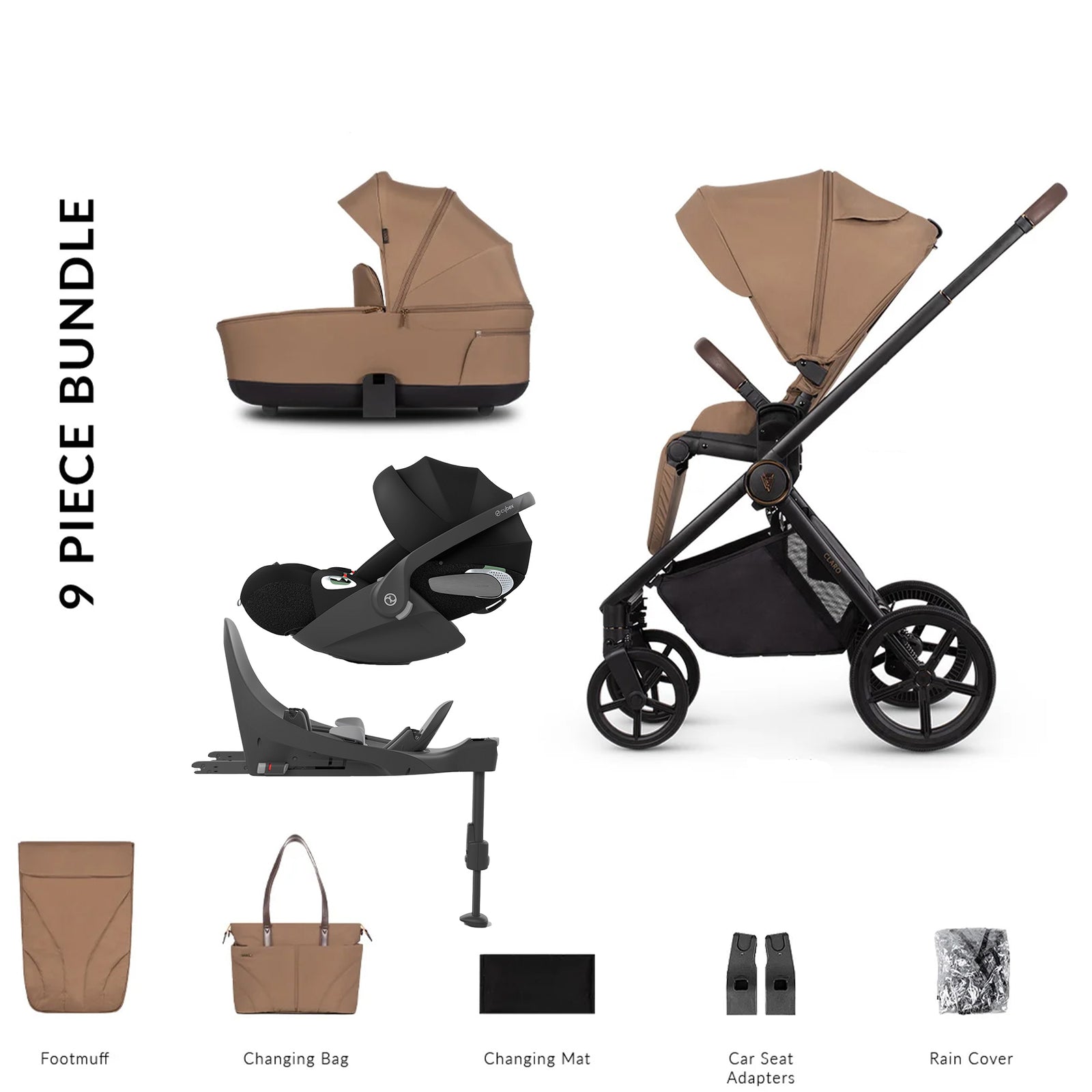 9-piece baby product bundle including a stroller, car seat, footmuff, and more on a white background.
