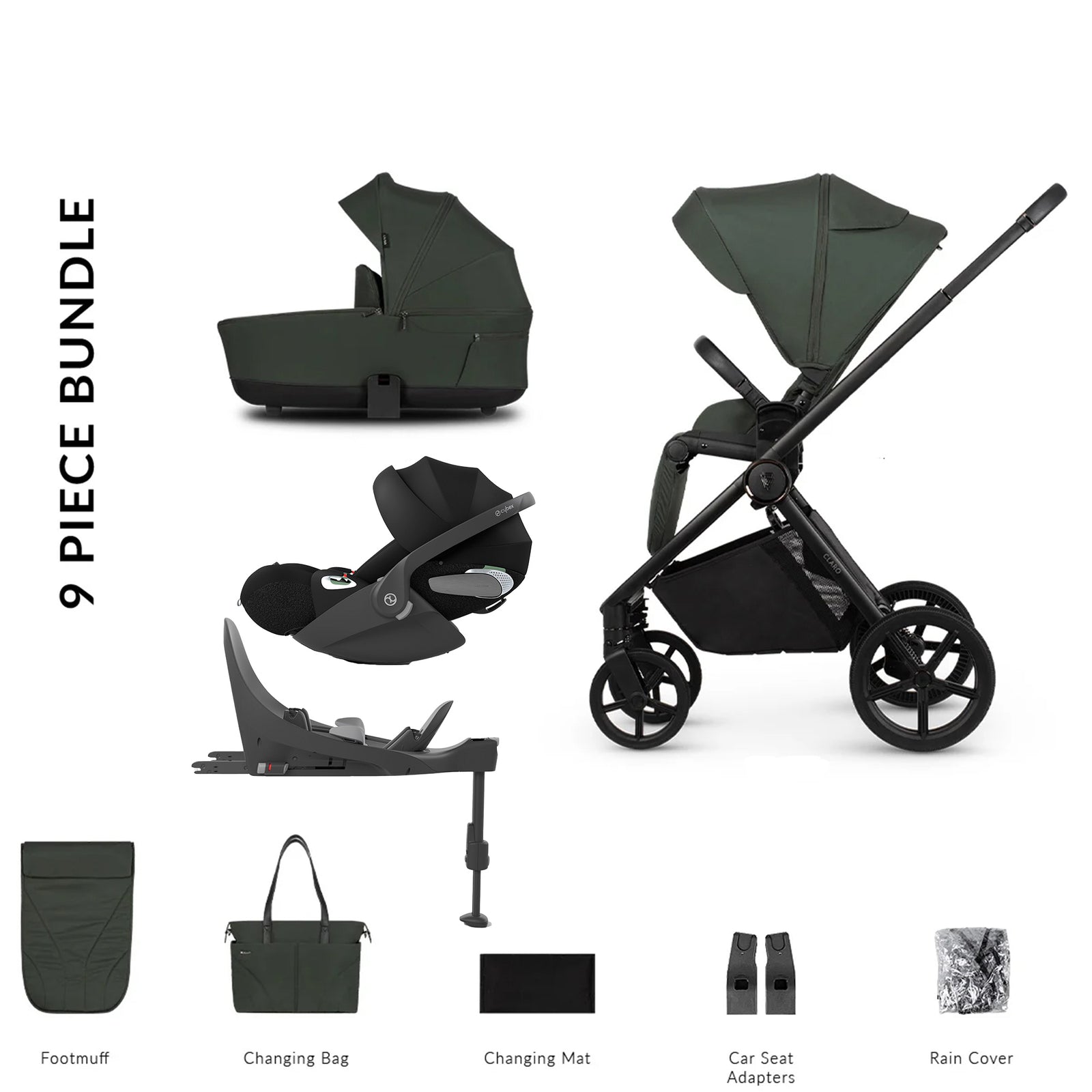 9-piece stroller bundle with various components on a white background