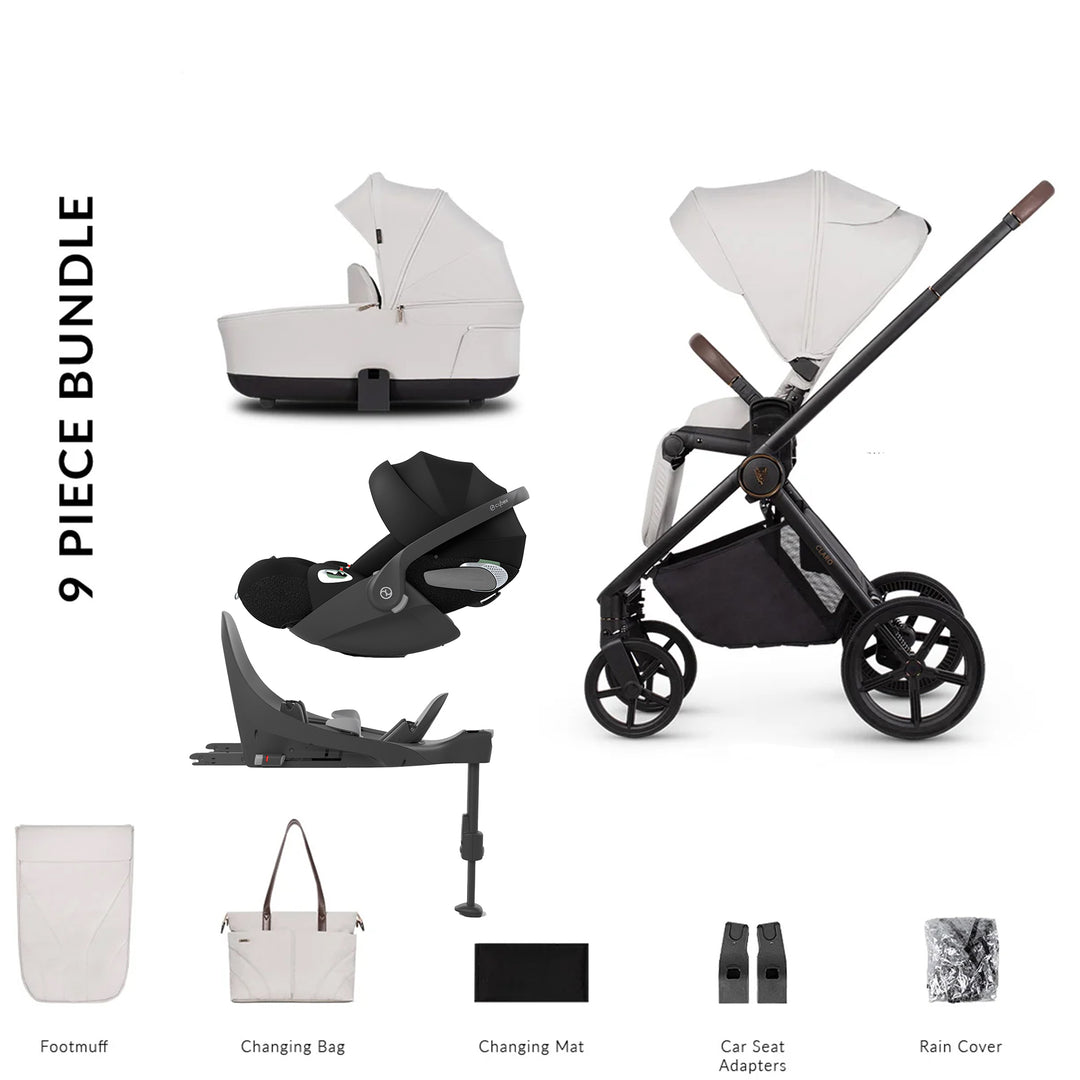 9-piece baby product bundle including a stroller, car seat, and accessories on a white background.