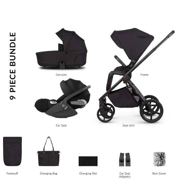 9-piece black baby stroller bundle with components labeled on a white background