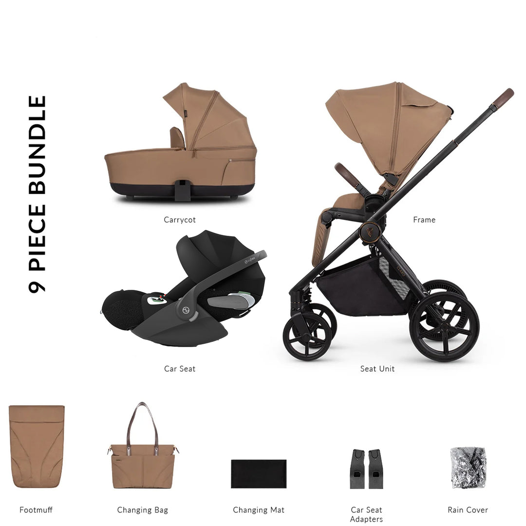 9-piece baby product bundle including a stroller, car seat, and accessories
