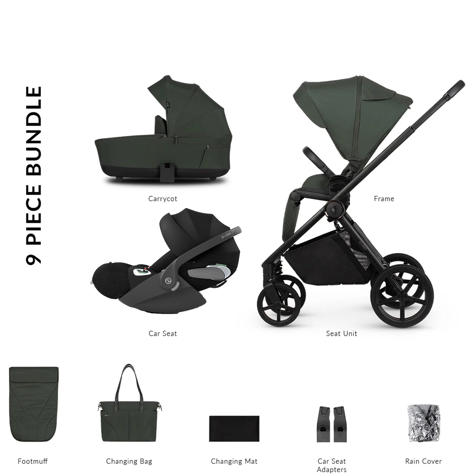 9-piece baby product bundle including a stroller, car seat, and accessories on a white background.